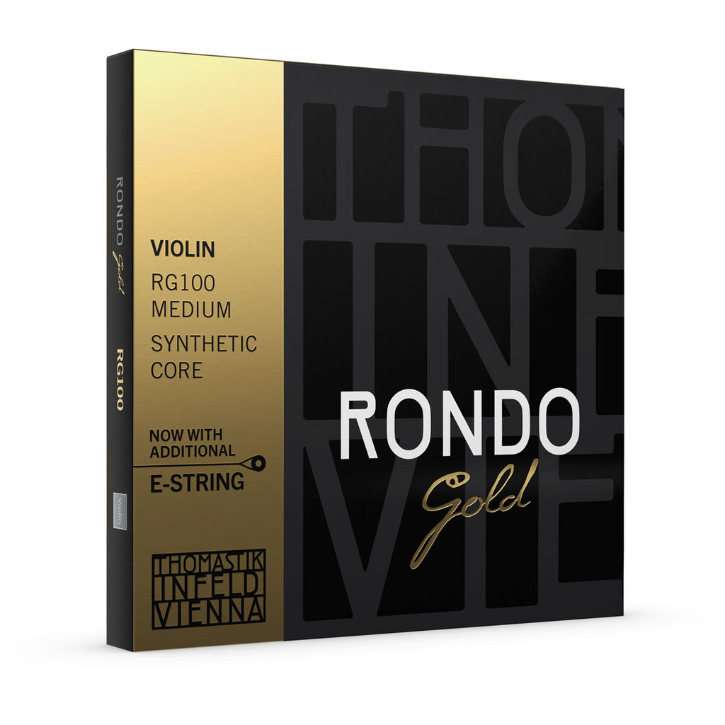 Rondo Gold Violin Set RG100 Package Showing Gold & Black Label