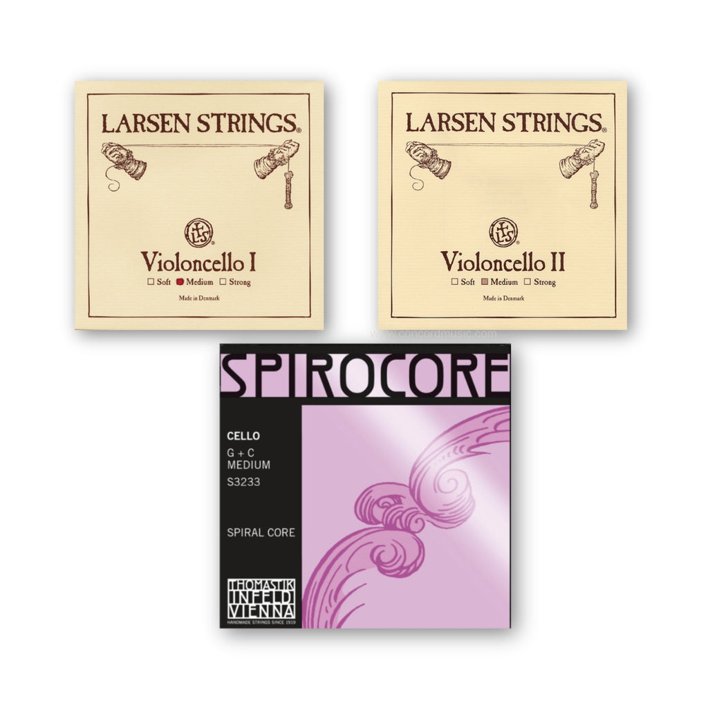 Larsen Original A and D cello strings with Spirocore Tungsten G and C cello strings