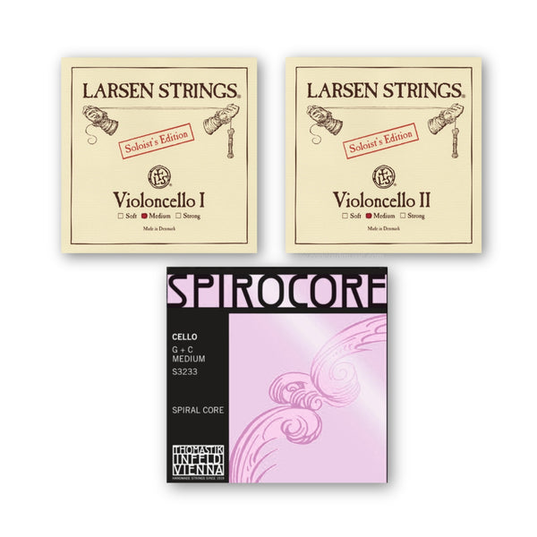 Larsen Soloist A and D cello strings with Spirocore Tungsten G and C cello strings