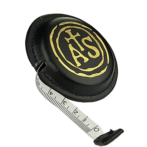 Luthier's tape measure in black leather, front view