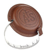 Luthier tape measure in brown leather, front view with tape