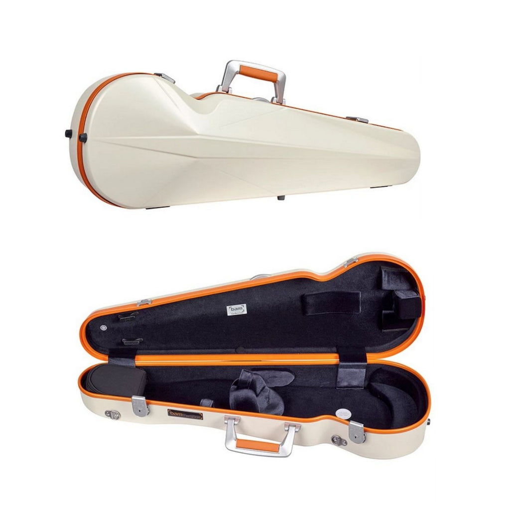 Bam supreme Ice contoured violin case white-orange color; front closed view and case open view